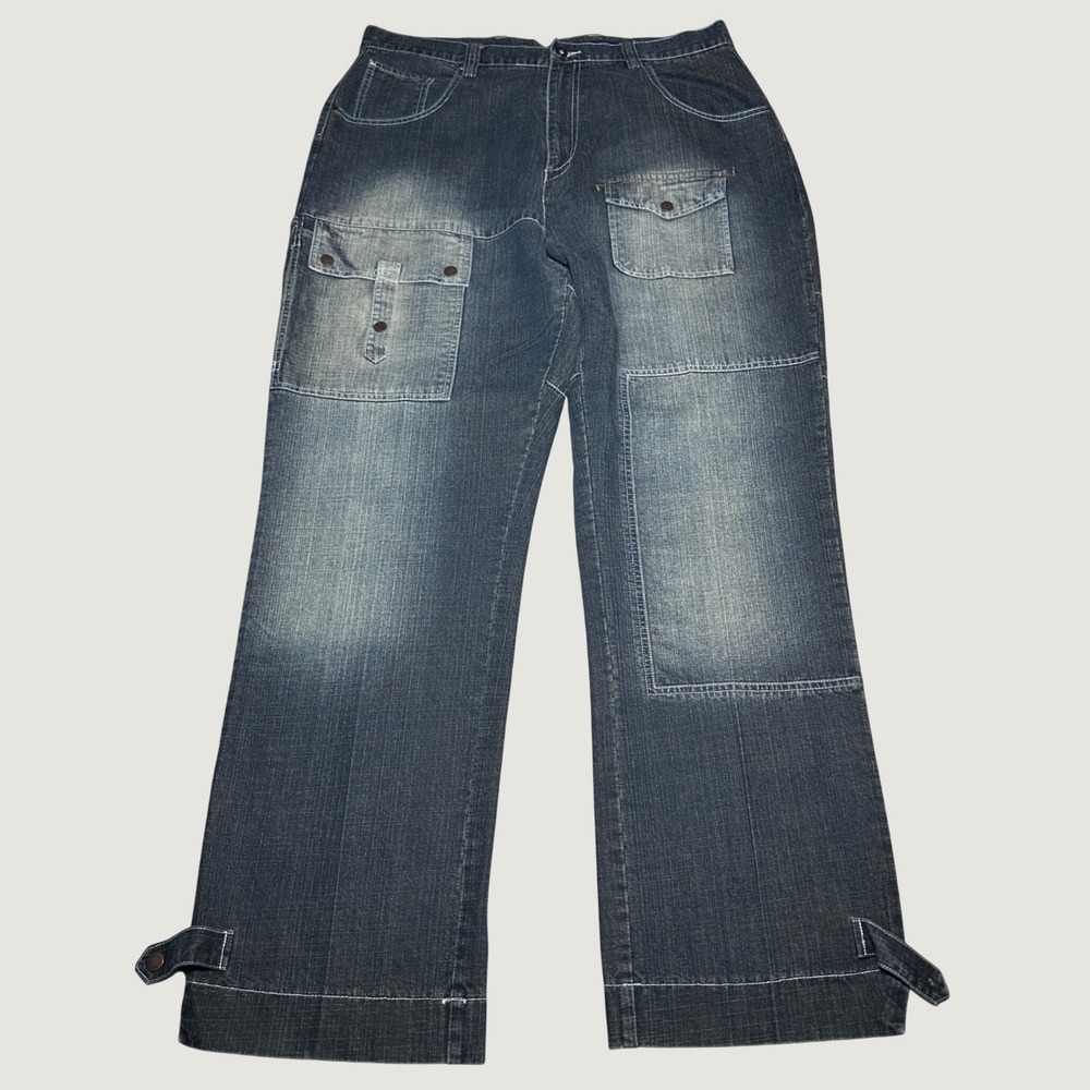 Re:verb Cargo Jeans Mens 38x34 Wide Leg Multi Pocket Snap Cuff Vintage Y2K Denim
